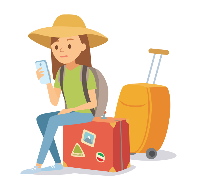 Viaggiatrice seduta su valigia con telefono e bagaglio – simbolo di errore o pagina mancante